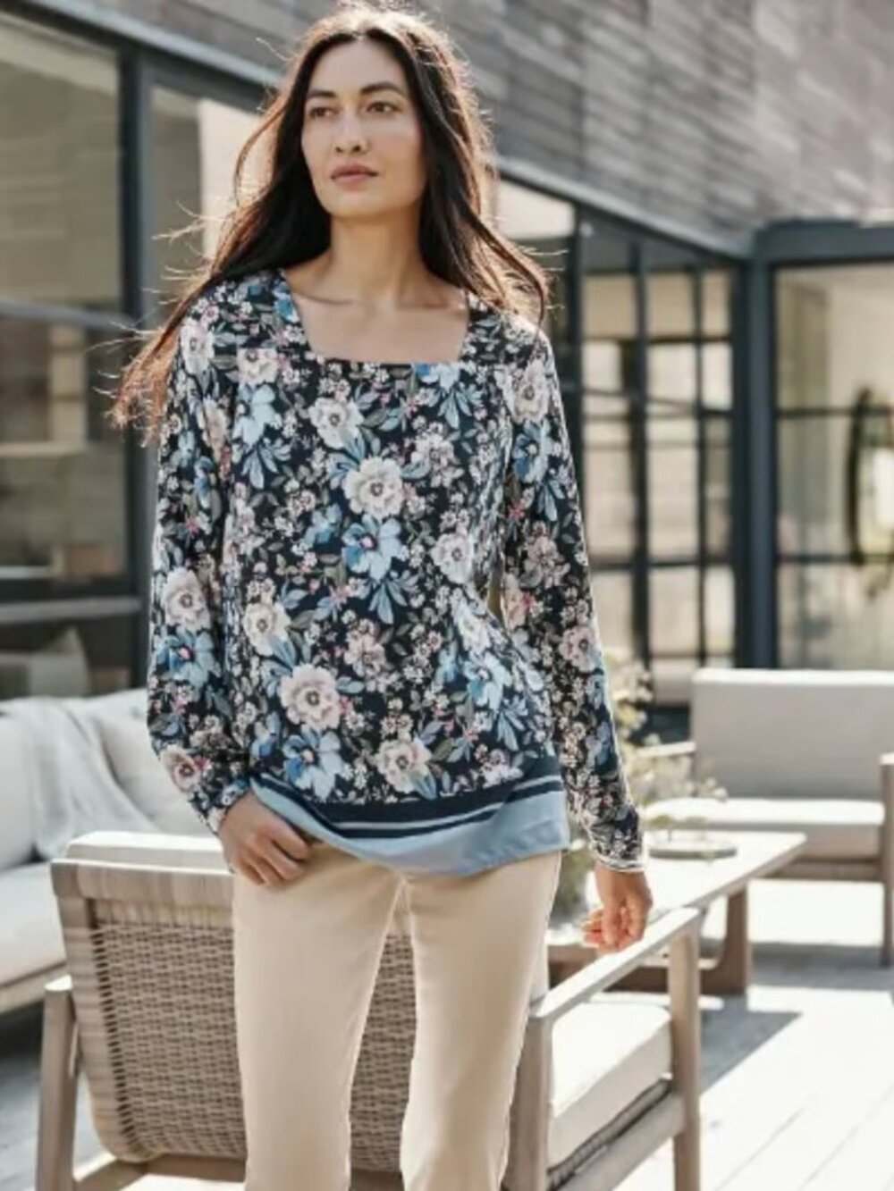 J. Jill Navy Cream Floral Square Neck Blouse – Size M 🌿✨